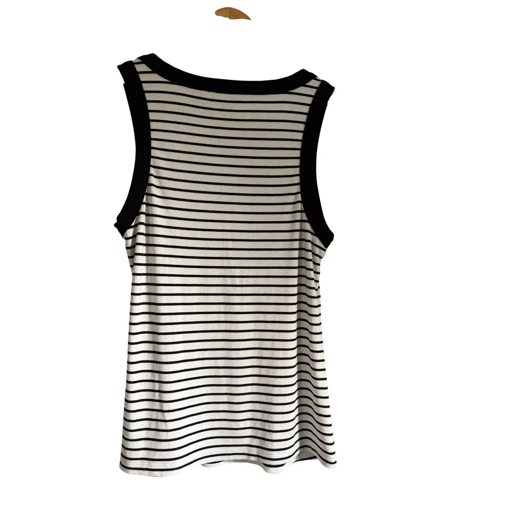 Lands End Womens Medium Black White Striped Ribbed Knit Scoop Neck Tank Top M